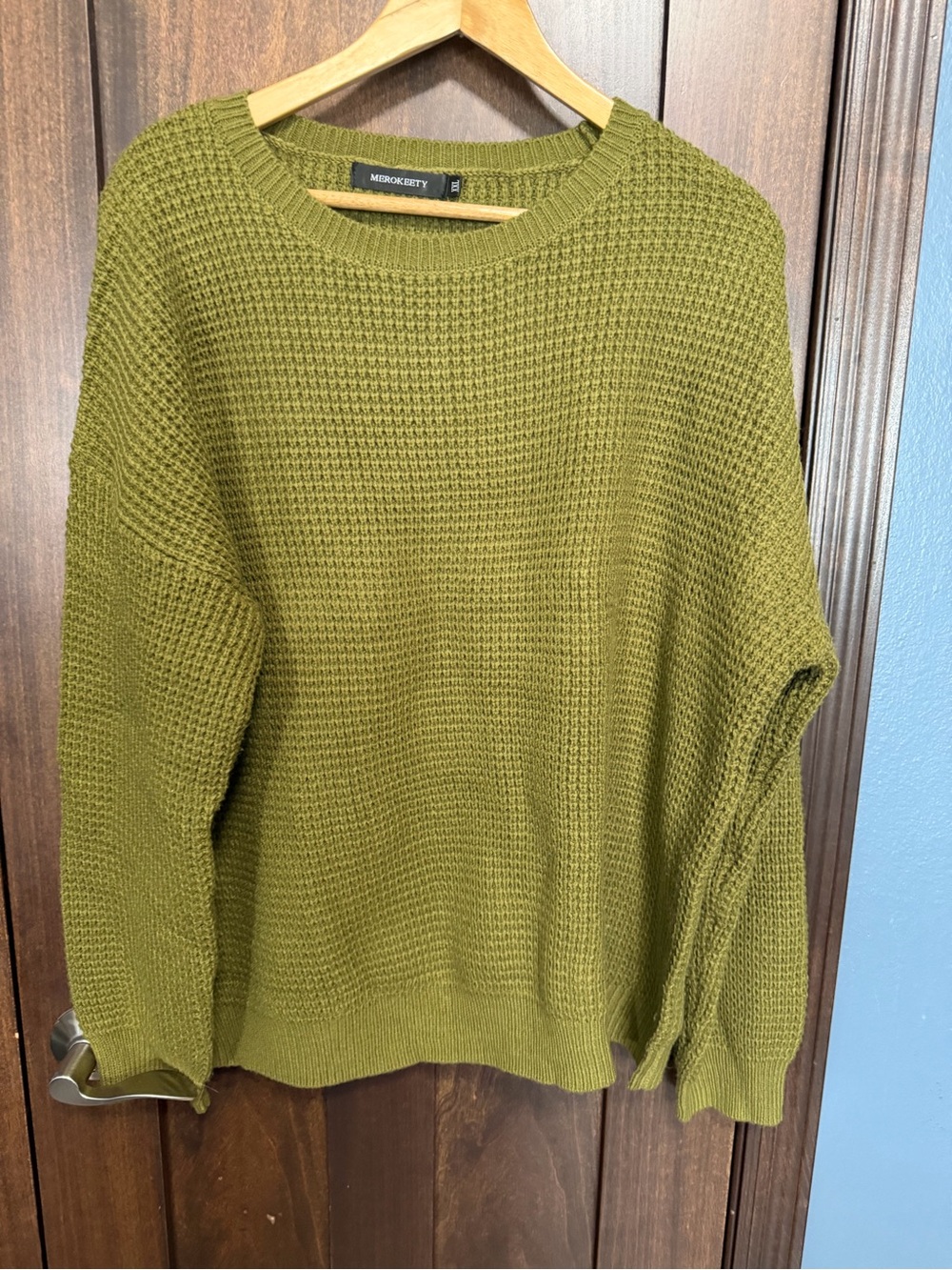 Merokeety Olive Green Waffle Crew Sweater